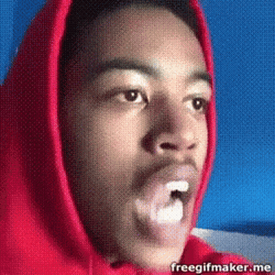 A Man Wearing A Red Hoodie Has A Surprised Look On His Face And The Words Freegifmaker.me Is Below Him GIF