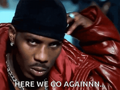 A Man Wearing A Red Jacket And A Black Hat Is Saying Here We Go Againnn GIF