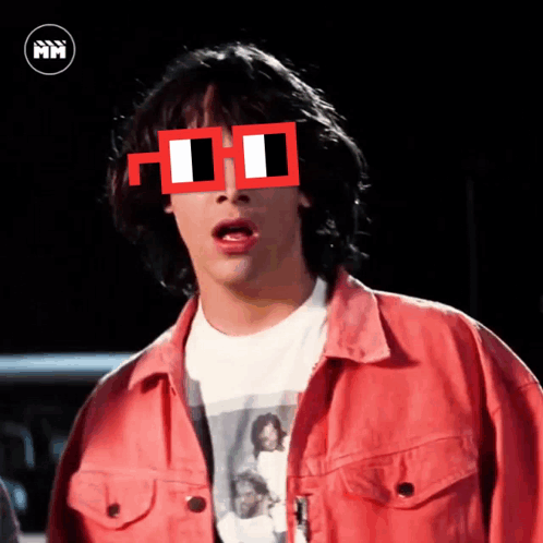 A Man Wearing A Red Jacket And Sunglasses Has The Letter H On His Face GIF