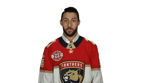 A Man Wearing A Red Panthers Jersey Holds His Hands Together Sticker