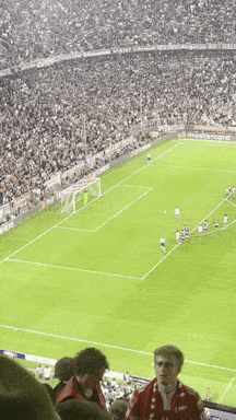 A Man Wearing A Red Scarf Is Watching A Soccer Game In A Stadium With A Banner For Mastercard GIF