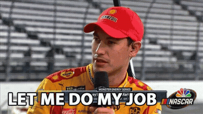 A Man Wearing A Red Shell Hat Is Talking Into A Microphone With The Words " Let Me Do My Job " Below Him GIF