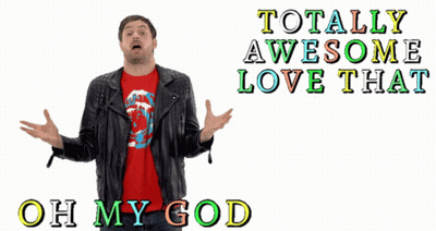 A Man Wearing A Red Shirt And A Black Leather Jacket Says " Totally Awesome Love That Oh My God " GIF