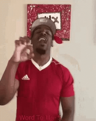 A Man Wearing A Red Shirt And A Hat Is Standing In Front Of A Painting . GIF