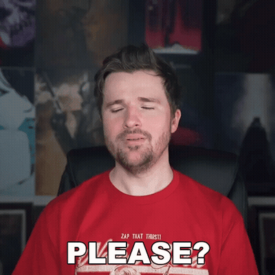 A Man Wearing A Red Shirt That Says " Please " GIF