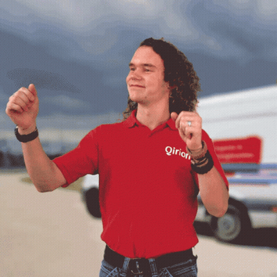 A Man Wearing A Red Shirt That Says ' Qirion ' On It GIF