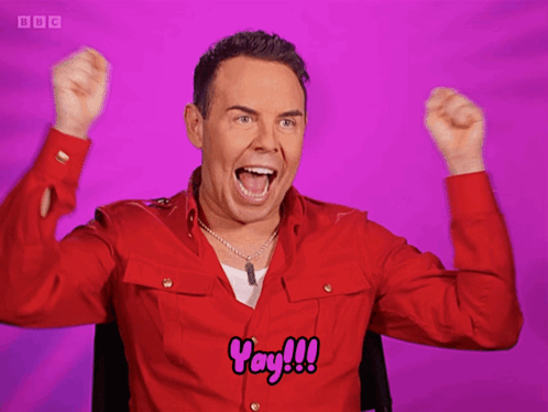 A Man Wearing A Red Shirt With The Word Yay On It GIF