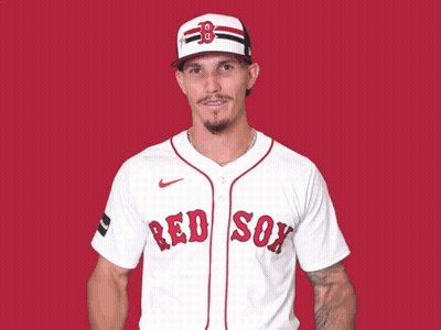 A Man Wearing A Red Sox Jersey With His Hands Up GIF
