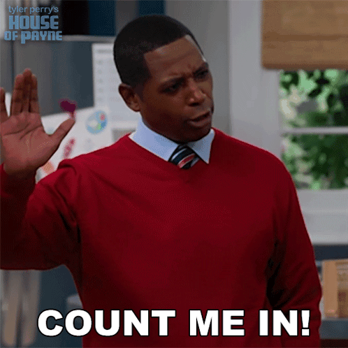 A Man Wearing A Red Sweater And Tie Says " Count Me In " GIF