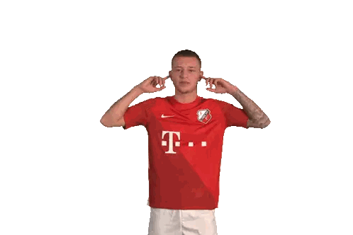 A Man Wearing A Red T-Mobile Jersey Covering His Ears Sticker