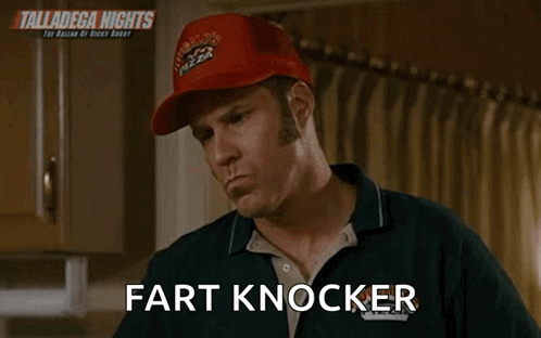 A Man Wearing A Red Trucker Hat With The Word Fart Knocker On It GIF