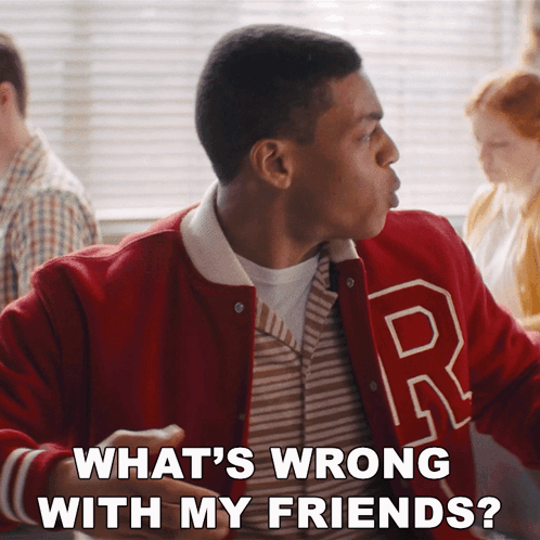 A Man Wearing A Red Varsity Jacket With The Letter R On It GIF