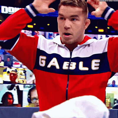 A Man Wearing A Red White And Blue Jacket That Says Gaeble On It GIF
