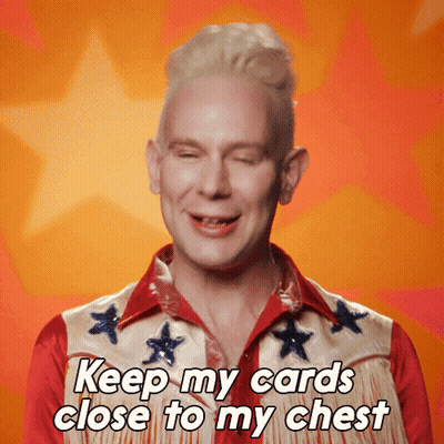 A Man Wearing A Red White And Blue Shirt Says Keep My Cards Close To My Chest GIF