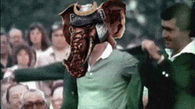 A Man Wearing A Samurai Helmet With The Letter P On It GIF
