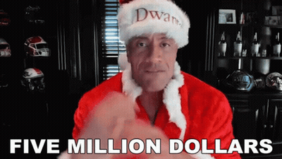A Man Wearing A Santa Hat And Robe Says Five Million Dollars . GIF
