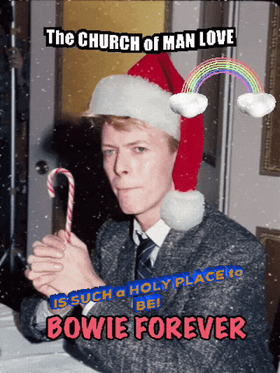 A Man Wearing A Santa Hat Is Holding A Candy Cane With The Words " The Church Of Man Love " Above Him GIF