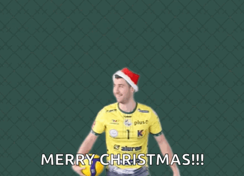 A Man Wearing A Santa Hat Is Jumping To Catch A Volleyball With The Words Merry Christmas Below Him GIF