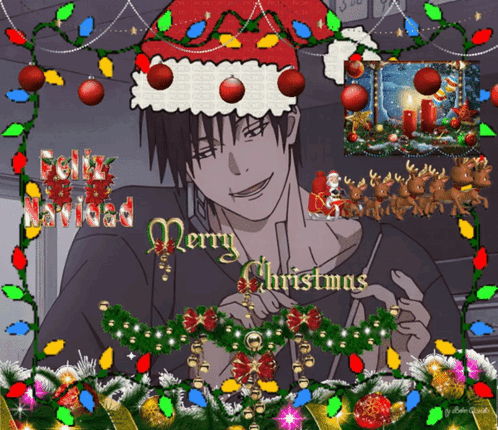 A Man Wearing A Santa Hat Is Surrounded By Christmas Decorations GIF