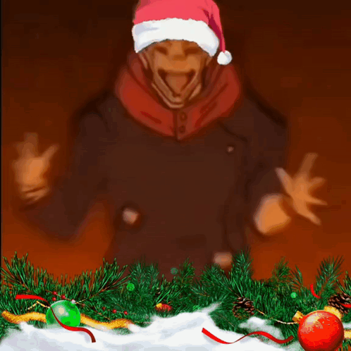 A Man Wearing A Santa Hat Stands In Front Of A Christmas Tree GIF
