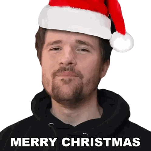 A Man Wearing A Santa Hat With Merry Christmas Written On The Bottom Sticker