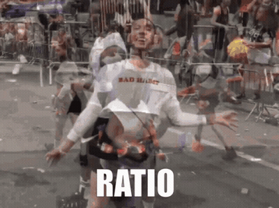 A Man Wearing A Shirt That Says Bad Habits Is Dancing In Front Of A Crowd And The Word Ratio Is Visible GIF
