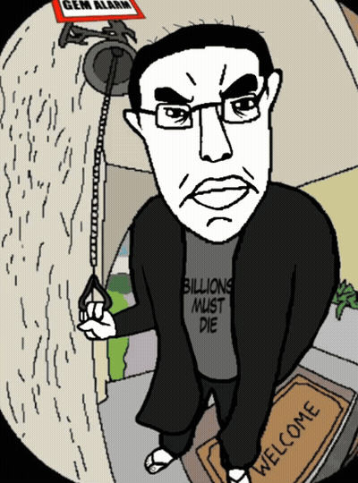 A Man Wearing A Shirt That Says Billions Must Die Is Standing Next To A Welcome Mat GIF