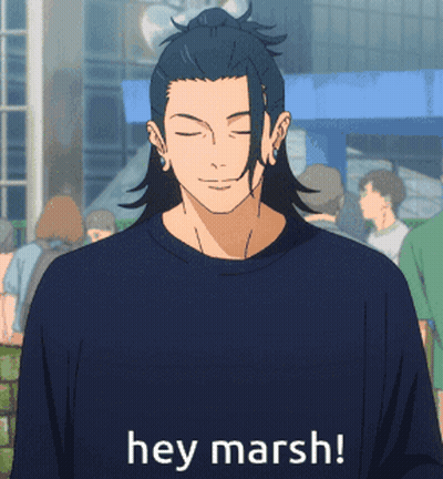 A Man Wearing A Shirt That Says Hey Marsh On It GIF