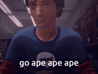 A Man Wearing A Shirt That Says Meow On It Says Go Ape Ape Ape GIF