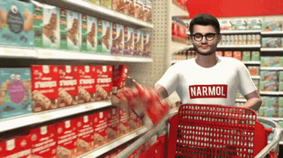 A Man Wearing A Shirt That Says Narmol Pushes A Shopping Cart GIF