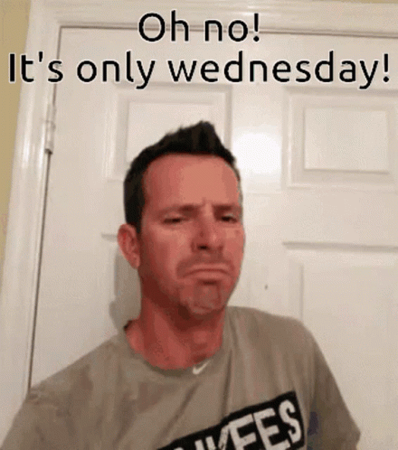 A Man Wearing A Shirt That Says ' Oh No ! It 'S Only Wednesday ! ' GIF