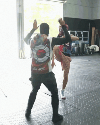 A Man Wearing A Shirt That Says " Rogue Destiny " Is Kicking Another Man GIF