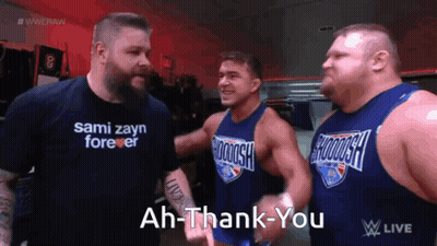 A Man Wearing A Shirt That Says Sam Zayn Forever Is Standing Next To Two Other Men GIF