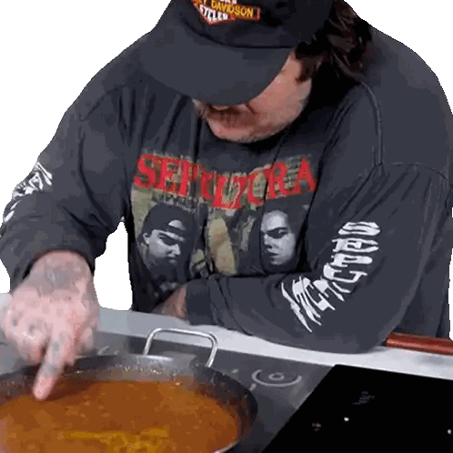 A Man Wearing A Shirt That Says " Sepultura " On It Sticker