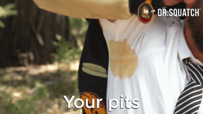 A Man Wearing A Shirt With A Stain On It And The Words Your Pits On The Bottom GIF