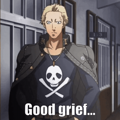 A Man Wearing A Skull And Crossbones Shirt Is Standing In A Hallway And Says Good Grief GIF