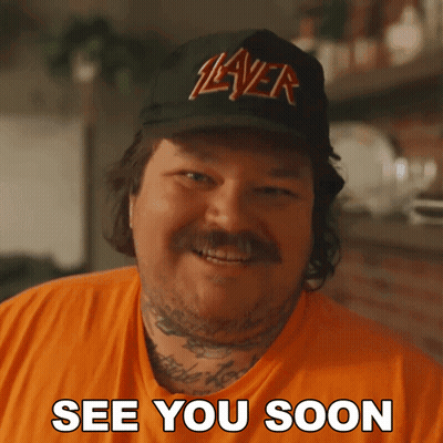 A Man Wearing A Slayer Hat Is Smiling And Says See You Soon GIF