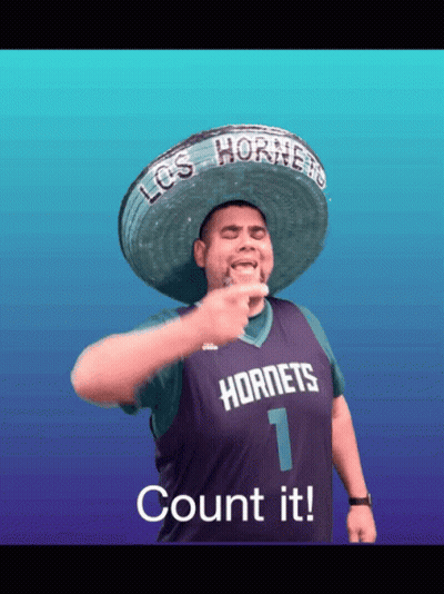 A Man Wearing A Sombrero And A Hornets Jersey Points GIF