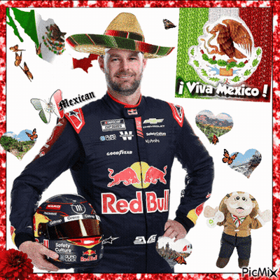 A Man Wearing A Sombrero And A Red Bull Jacket Holds A Helmet GIF