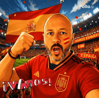 A Man Wearing A Spain Jersey With The Word Vamos On It GIF