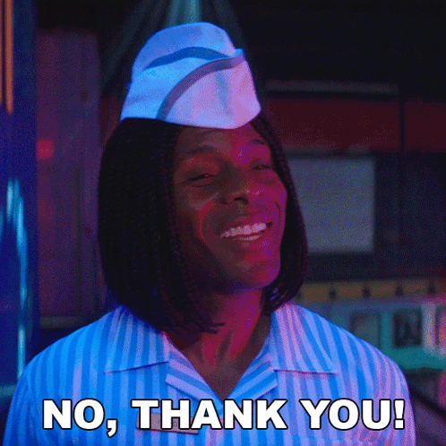 A Man Wearing A Striped Shirt And A Hat Says No Thank You GIF