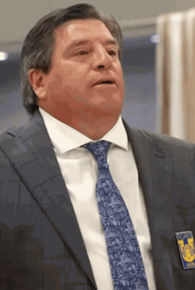 A Man Wearing A Suit And Tie Has A Badge On His Chest That Says Tigres GIF