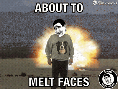 A Man Wearing A Sweater With A Dog On It Is Standing In Front Of An Explosion With The Words About To Melt Faces GIF