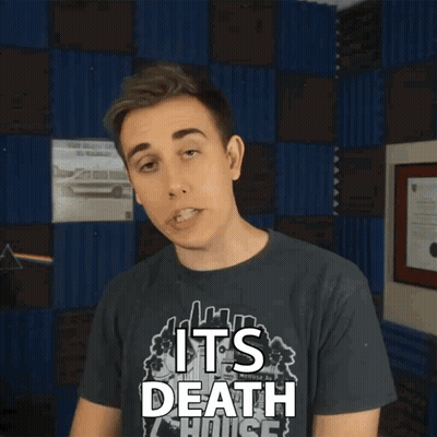 A Man Wearing A T-Shirt That Says " Its Death " GIF