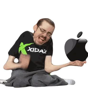 A Man Wearing A T-Shirt That Says Xidax Is Holding An Apple GIF
