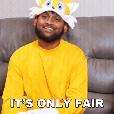 A Man Wearing A Tails Hat Is Sitting On A Couch With The Words It 'S Only Fair Below Him GIF