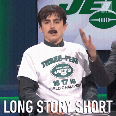 A Man Wearing A Three-Peat New York Jets Shirt Says Long Story Short GIF