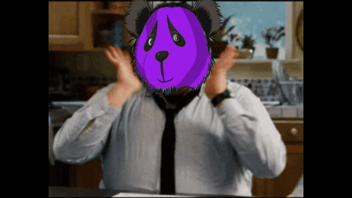 A Man Wearing A Tie Has A Purple Panda Mask On His Face GIF