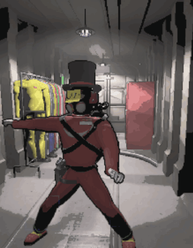 A Man Wearing A Top Hat And A Gas Mask Is Standing In A Hallway GIF