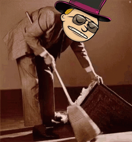 A Man Wearing A Top Hat And Sunglasses Is Sweeping The Floor With A Broom GIF